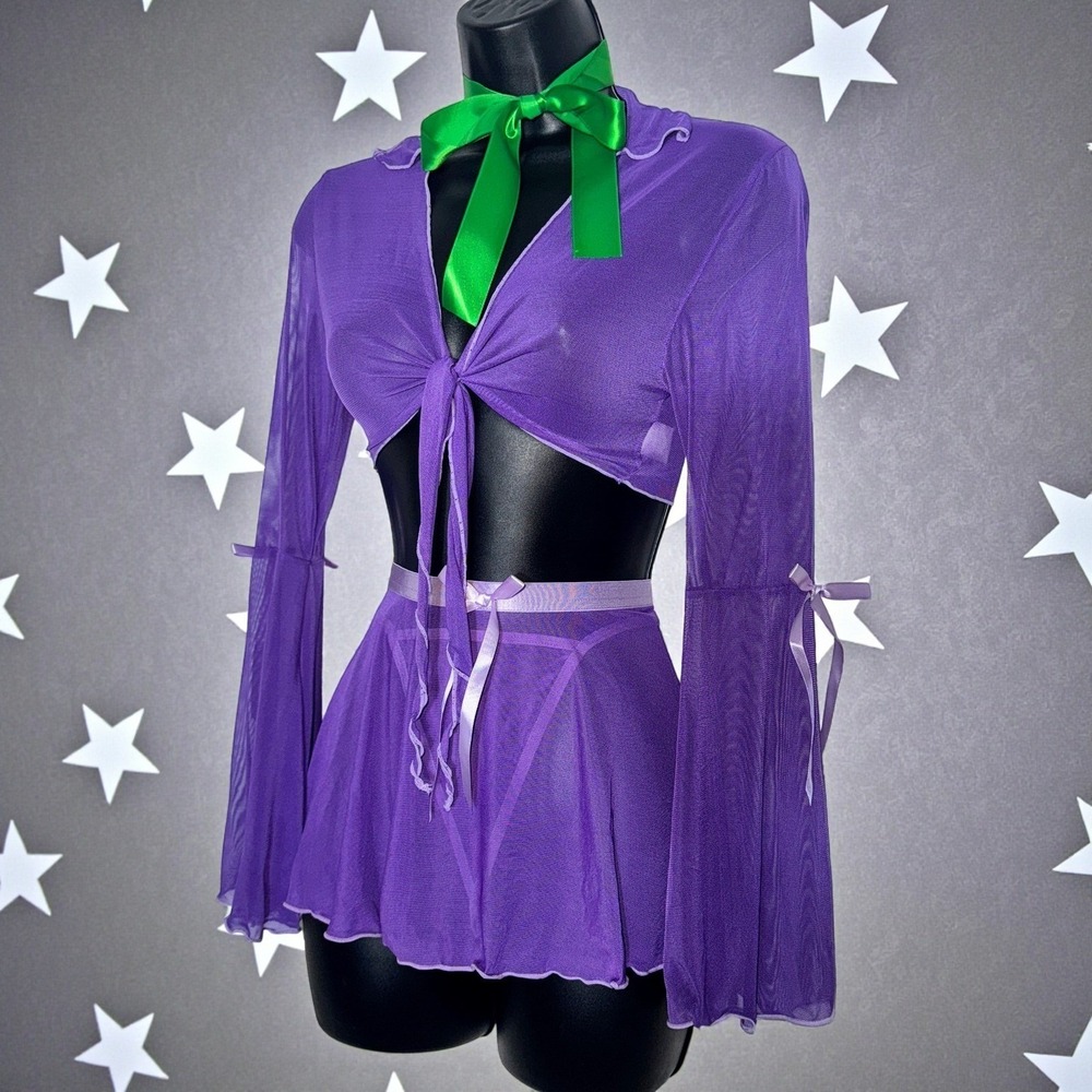 New Small Sexy Daphne Outfit Costume Sheer Purple Mesh Skirt Set Cosplay